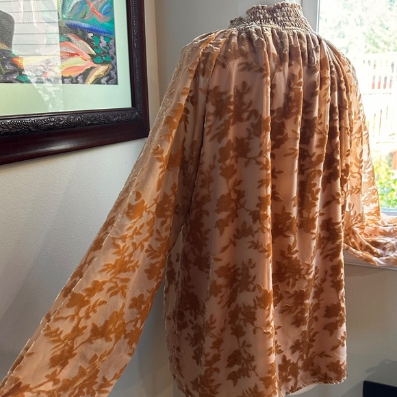 Cut Velvet Amber Colored Peasant Style Smock Top Blouse - S - Picture 6 of 10